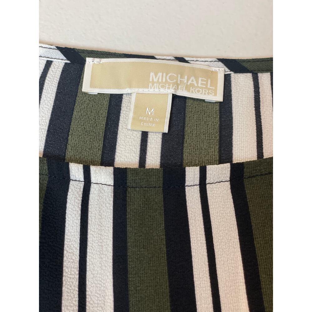 Michael Kors Size M Olive Cream Black Stripe Short Sleeve Top Side Tie - Picture 2 of 6